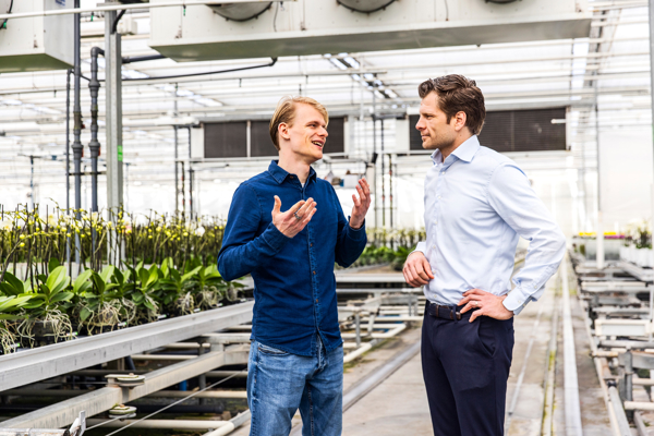 Two men talking to each other in a greenhouse of orchids